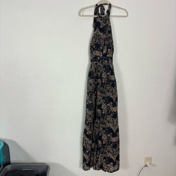 Free People Kissing Sunlight Halter Pants Jumpsuit Black w/ Brown Floral Size Me - Picture 1 of 10